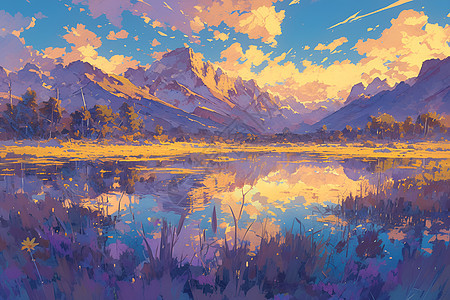 夕阳映照下的山湖图片