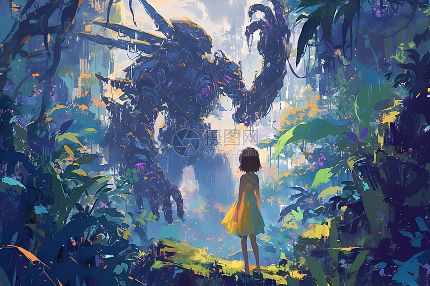 机器人和女孩在森林图片