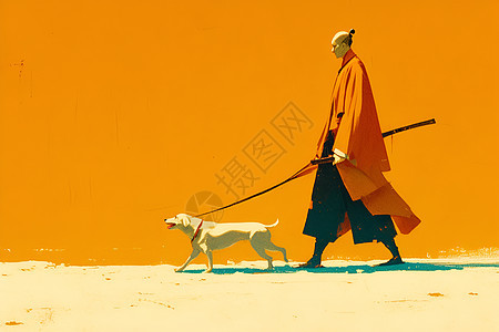 牵着狗散步的日本武士图片