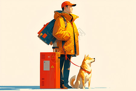 男人行李箱拉着行李箱的男人和狗插画