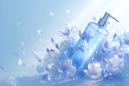 美容护肤品蓝色玻璃瓶里的花朵插画
