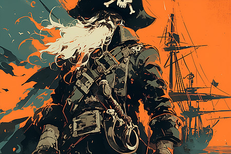 胡子无畏的海盗船长插画
