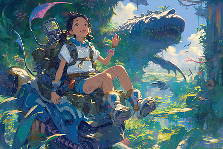 机器人和女孩在恐龙丛林里冒险图片