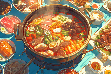 餐桌上的火锅食材背景图片