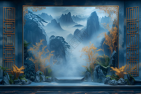 中国风框中式山水舞台背景插画
