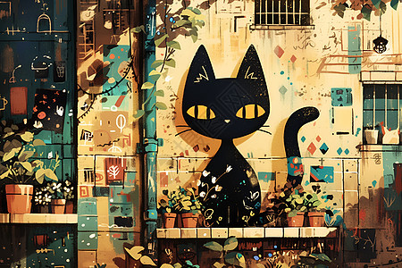 猫咪涂鸦巷墙图片