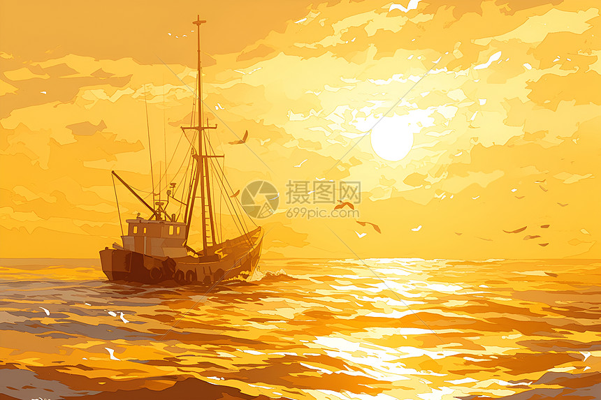金色夕阳映衬下的渔船图片