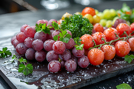 水果丰收新鲜的葡萄和圣女果背景