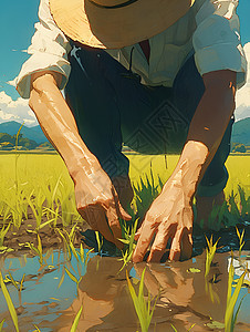 正在种水稻的农民图片