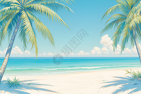 椰树围绕着一片白色沙滩图片
