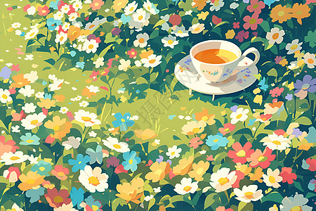 红木茶桌草地上的茶杯插画