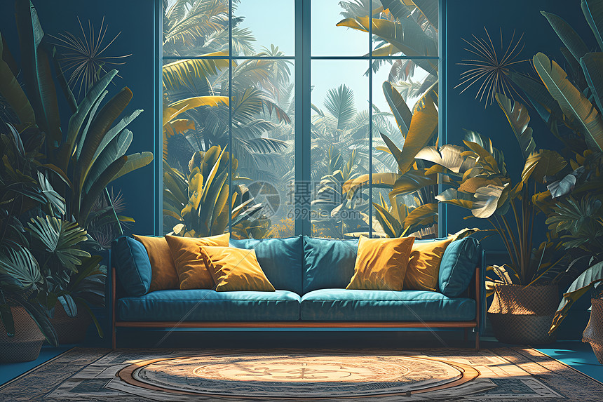 沙发旁的热带植物图片