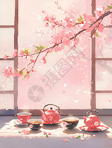 樱花背景下的传统茶道仪式图片