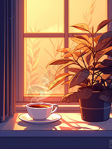 窗台上的茶杯和植物图片
