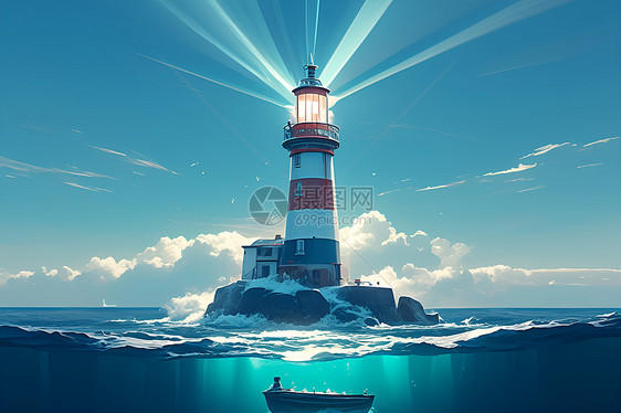 夜晚海洋中的灯塔照亮船只图片