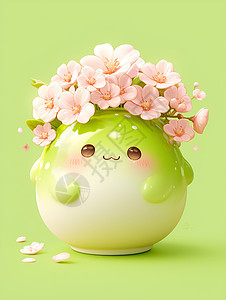 绿色丸子头上的粉花图片
