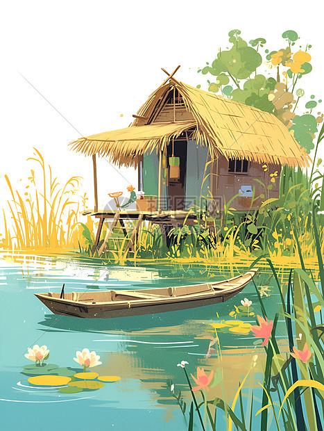 草屋河面上的小木船图片