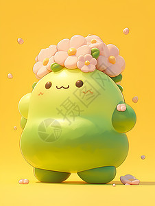 绿色麻薯人头顶的粉色花朵图片