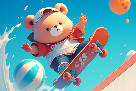 蓝天下玩滑板的小熊背景图片