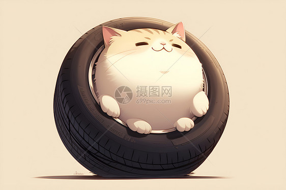 轮胎里的白猫图片