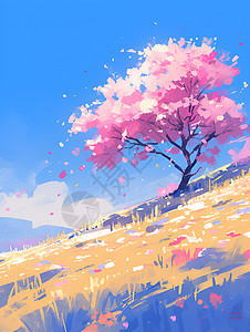 草原上的粉色花树图片