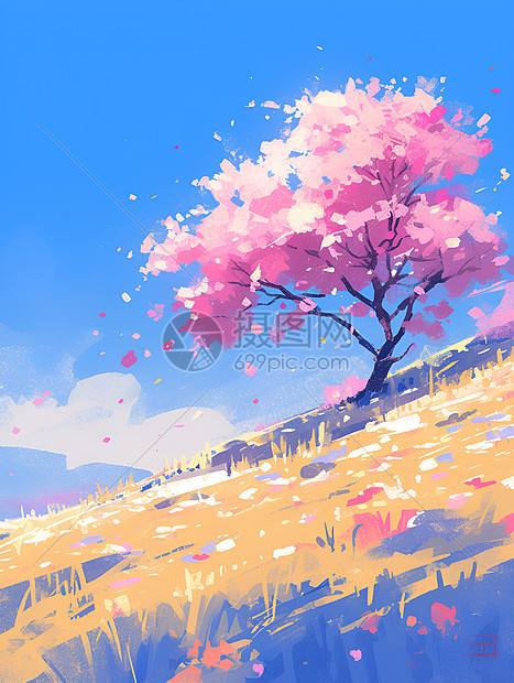 草原上的粉色花树图片