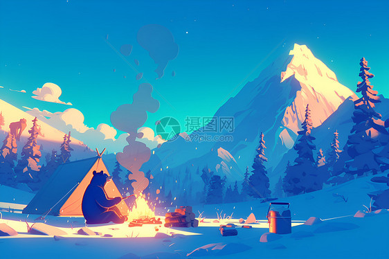 雪山下露营的帐篷图片