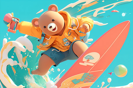 冲浪板上的卡通熊背景图片