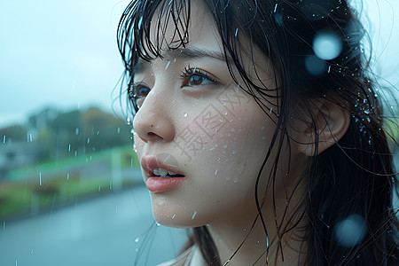 年轻女孩雨中淋湿的女孩背景