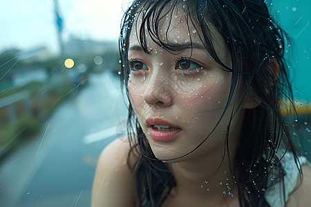 雨中的年轻女孩图片