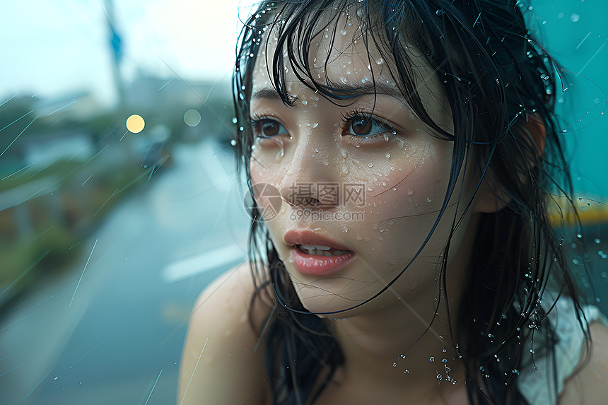 雨中的年轻女孩图片