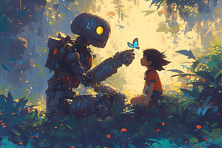 森林中的机器人与女孩图片