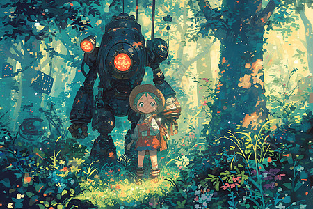 森林中的机器人和小女孩插画图片