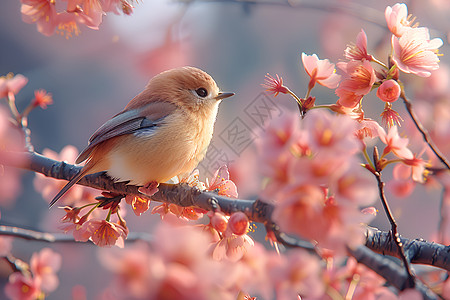 粉色桃花与树枝树枝上的小鸟背景