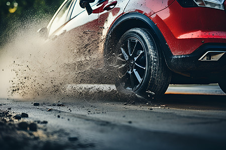 泥浆中飞驰的红色汽车图片