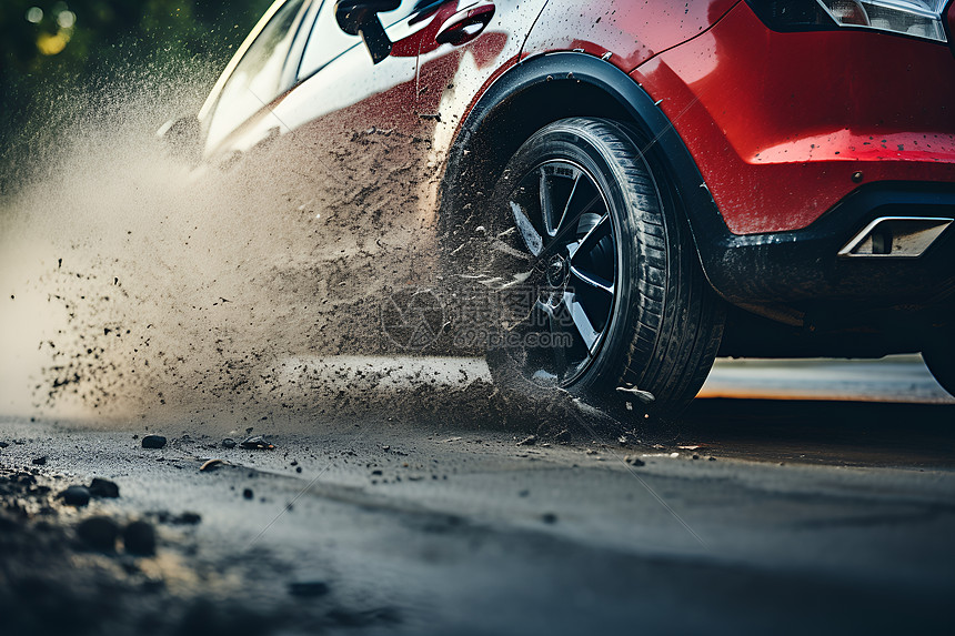 泥浆中飞驰的红色汽车图片