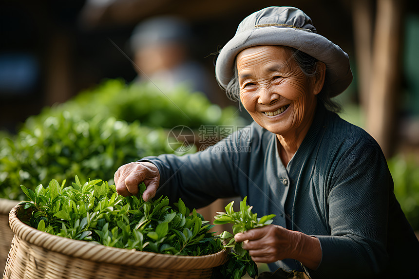 茶农奶奶脸上的笑容图片