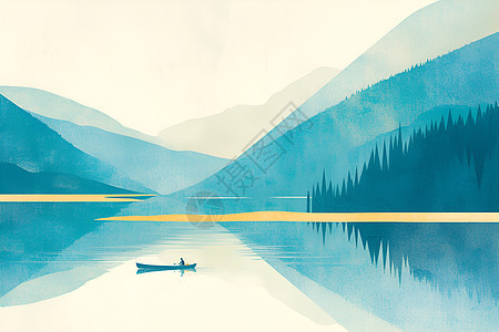 湖光山色中的独木舟图片