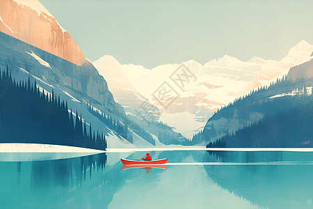 清冷冰湖红色独木舟图片