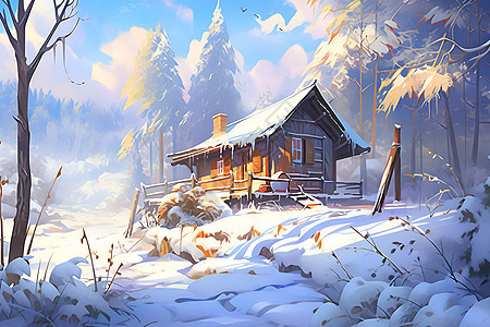 冬日小屋中的浪漫幻景图片