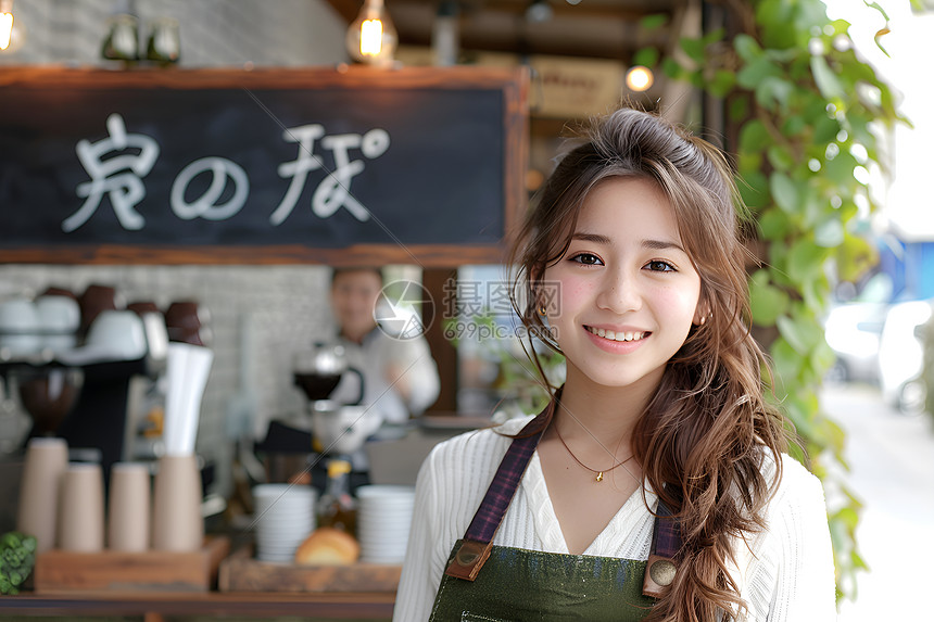 咖啡馆门口的女孩图片