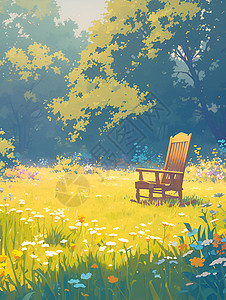 阳光明媚草地上的木椅图片