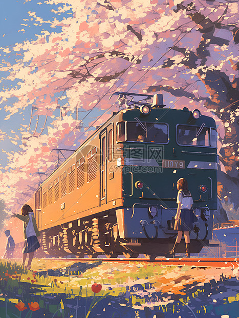 缤纷樱花树下的列车图片