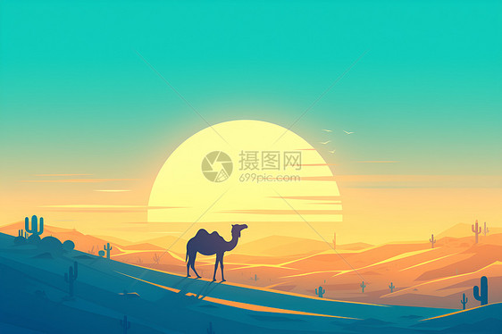 日落沙丘中的骆驼图片