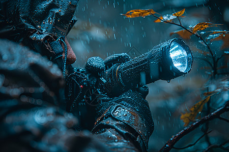 雨夜拿着手电筒的男人图片