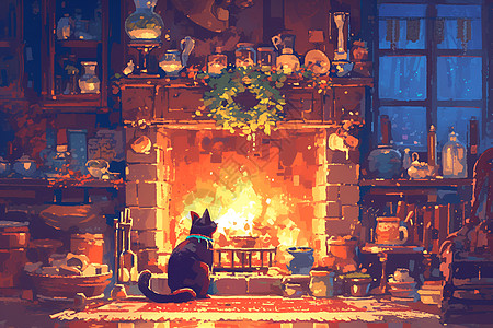 壁炉前的猫咪图片