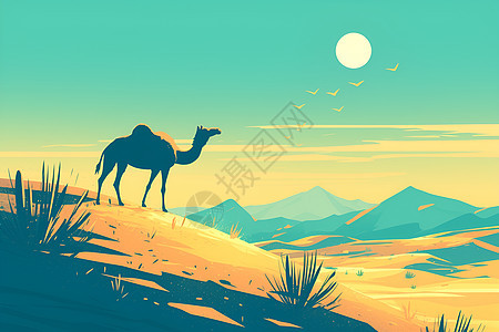 在沙漠绿洲中的骆驼图片