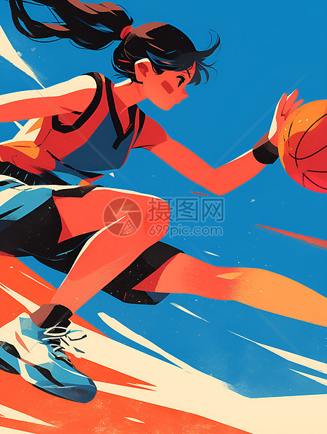 运动的篮球少女插画图片