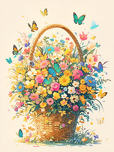 篮子中的花朵插画图片