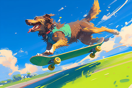 快乐滑下山坡的滑板狗图片